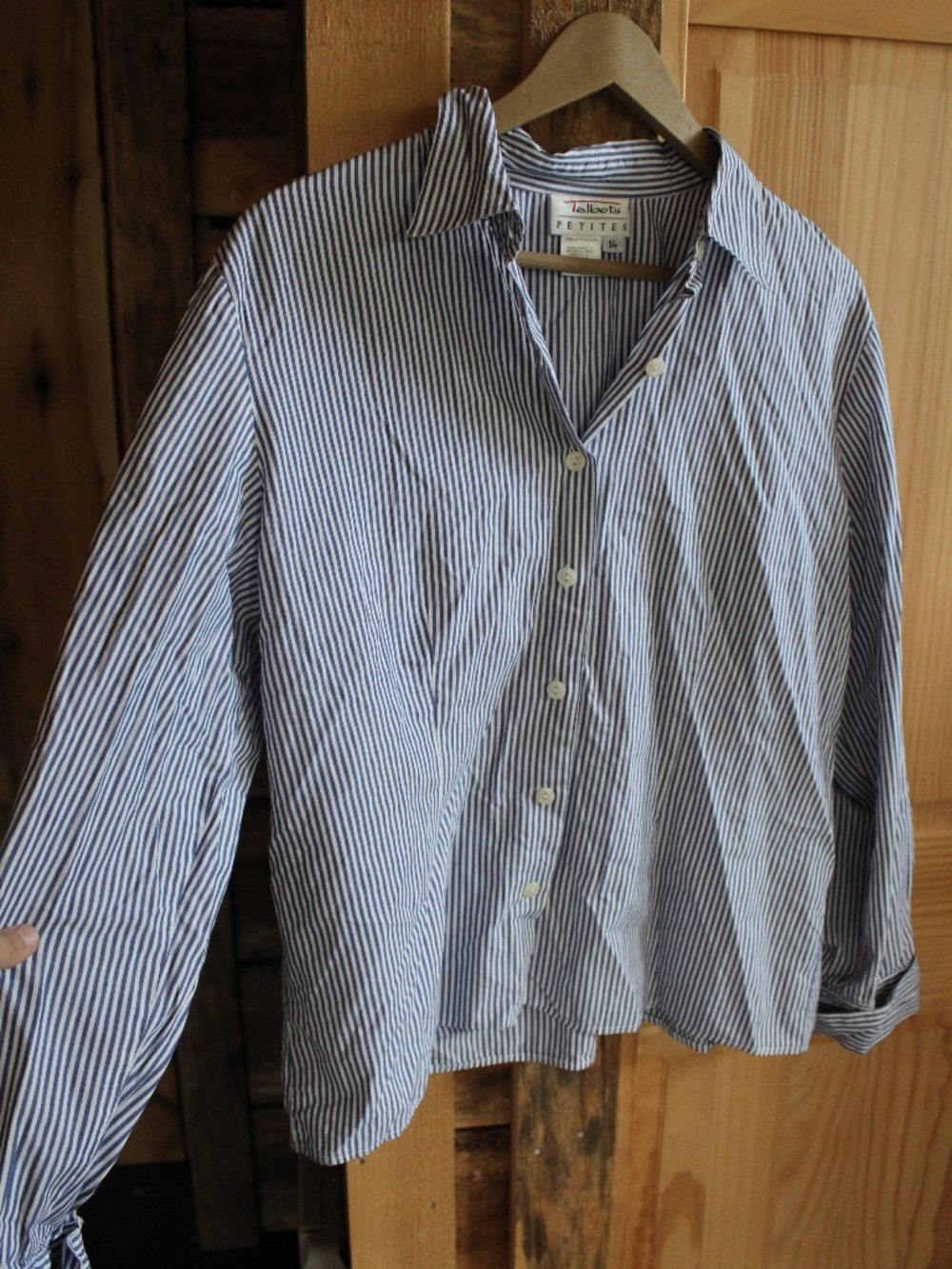 Talbots Petites Navy Blue Striped Button Down Long Sleeve